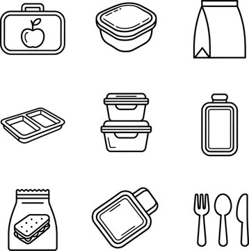 Lunchbox icon set, fast food, take away, plastic box for school or work, meal container, food storage, portable lunch, snack packaging, and daily eating concept.