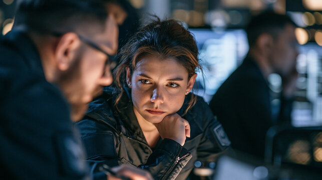Cybersecurity researcher deliberately testing an AI assistant with adversarial inputs while another analyst records unexpected behavior, secure laboratory office, focused