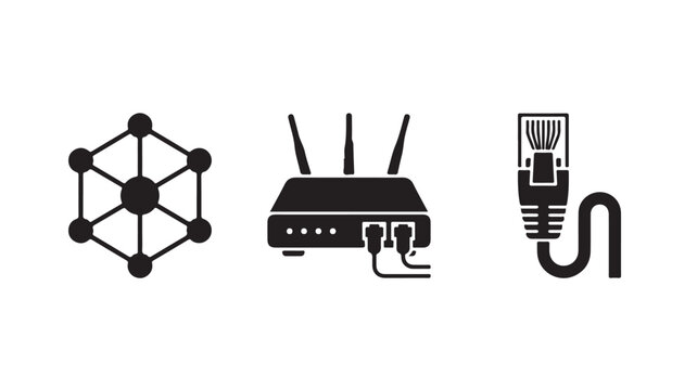 Network router icon set showing internet connection hardware equipment design with black vector graphics