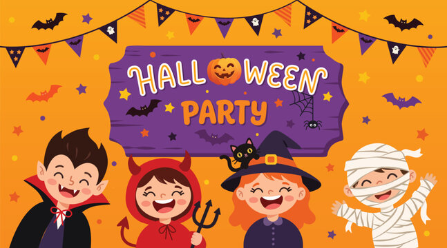 Halloween party cards flyer illustration children in monster costumes vampire, witch, mummy and devil. Holiday design for party invitation, greeting card, banner