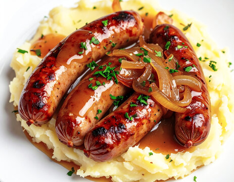 Roasted pork sausages in gravy and sauteed onions, closeup. AI