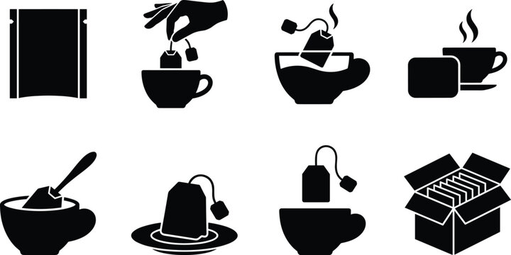 Tea bag brewing and packaging solid glyph icons vector illustration set with dipping hand box pouch and teacup isolated on white background