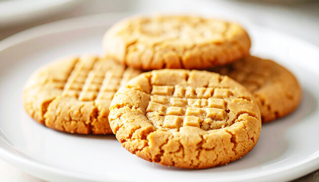 Soft peanut butter cookies, white plate, closeup. AI