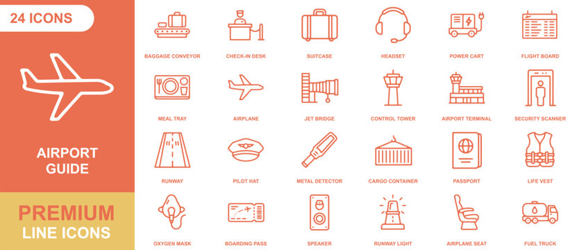 Set of 24 orange line icons for airport guide, featuring airplane, luggage, security scanner, passport, boarding pass, and aviation infrastructure