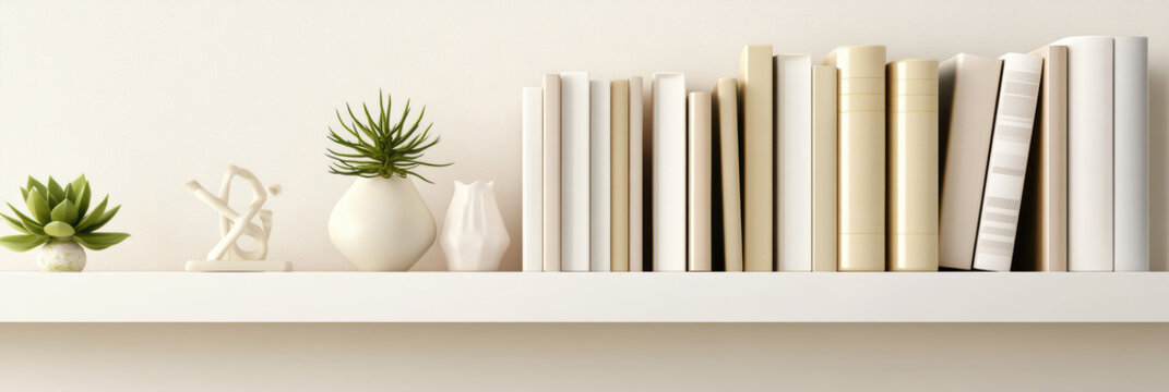 A sleek contemporary bookshelf features perfectly aligned books in beige, white, and pastel shades. Minimalist decor with ceramic bookends and succulents enhances its sophisticated aesthetic.