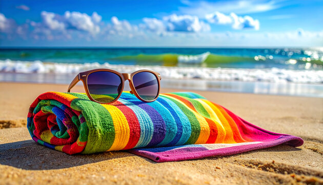 Striped beach towel with sunglasses on the beach. AI