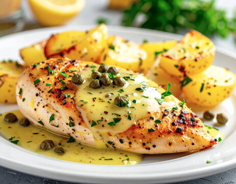 Chicken piccata sauteed in a lemon butter sauce and capers. AI