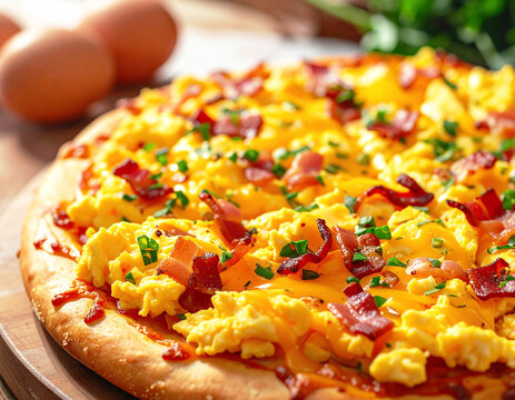 Breakfast pizza with scrambled eggs, bacon and cheddar cheese, closeup. AI
