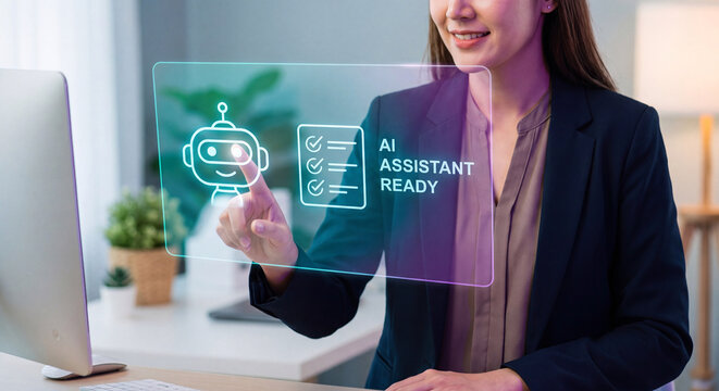 woman touches floating panel with robot head icon checklist graphic and ai assistant ready label