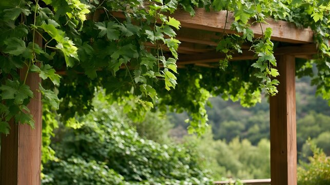 Grapevines gracefully draped over a wooden arbor  framing a lush green landscape in soft natural light