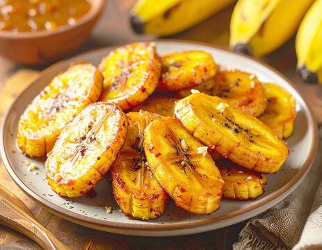 Fried plantain caramelized slices, Latin America cuisine. AI