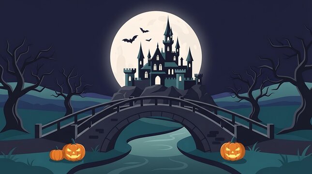 Spooky haunted castle on a hill with a bridge over a river under a full moon at night