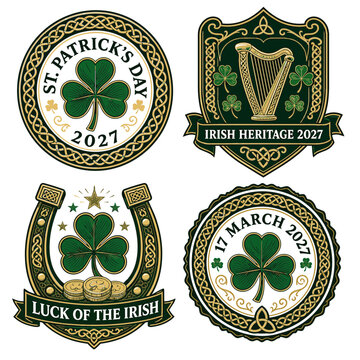 St. Patrick's Day 2027 Vintage Irish Heritage Badge Collection with Shamrock, Harp and Horseshoe, Celtic Luck of the Irish Emblems Set, Traditional March 17 Holiday Celebration Badge Bundle