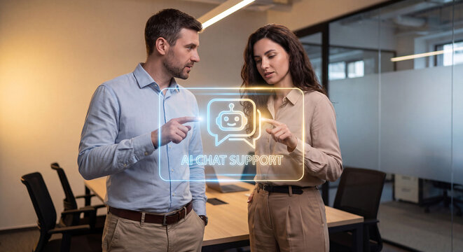 two colleagues point at floating panel with robot avatar chat bubble and ai chat support label