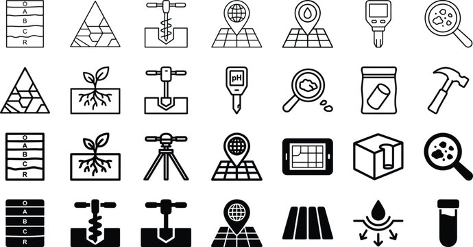 Geotechnical Soil Testing and Geological Survey Icon Set with Drilling, Sampling, Soil Layers, GPS Mapping, Mineral Analysis and Laboratory Equipment