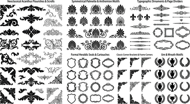 Set of vintage decorative elements, neoclassical acanthus flourishes, scrolls, heraldic seals, cartouches, and classic page dividers