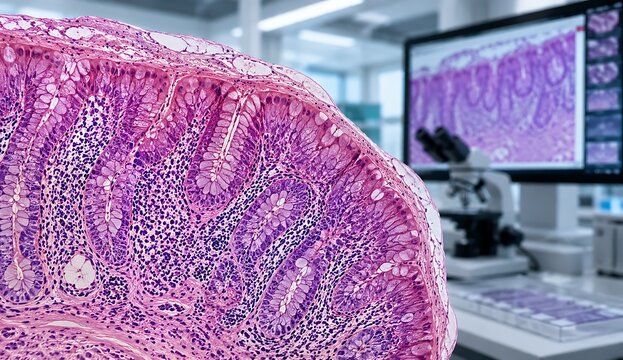Detailed intestinal tissue histology showing mucosal glands and cellular structure