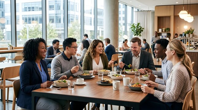Diverse professionals talking and eating lunch at an office cafeteria