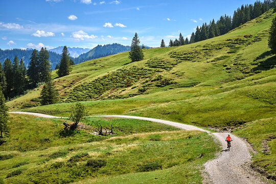 Attractive senior woman riding an electric bicycle on a mountain biking tour through sunny alpine meadows and scenic mountain landscapes above Balderschwang, Allg&auml;u Alps, Bavaria, Germany.