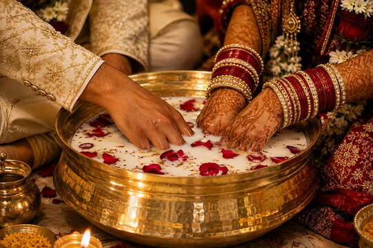 Indian Hindu Wedding Ritual with Bride and Groom Feet in Milk Bath with Rose Petals
