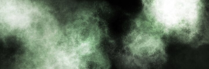 Fototapeta premium Pale white and soft green misty fog on a black background. Wide panoramic banner for clean, ethereal, and mystical natural themes. 