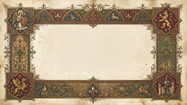Ornate medieval gothic border illustration featuring mystical creatures and religious figures.