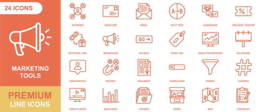 Set of 24 orange marketing and business line icons, including megaphone, analytics, funnel, and social network symbols on a white background