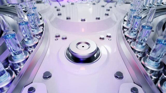 Pharmaceutical Production Line With Glass Ampoules on Automated Filling Machine in Cleanroom Facility