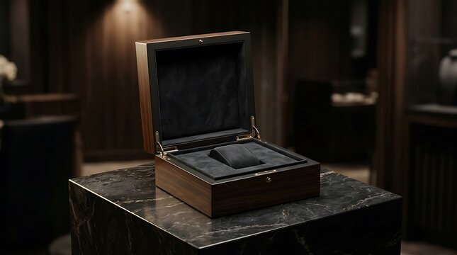 Empty luxury wooden watch box on a marble pedestal in a dark boutique interior
