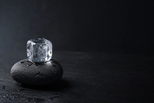 A single clear ice cube rests on top of a smooth black stone against a dark, textured background.