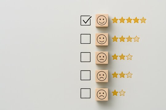 Customer satisfaction checklist displays various smiley faces and corresponding star ratings on wooden blocks, with the topmost 'very happy' option already clearly selected.