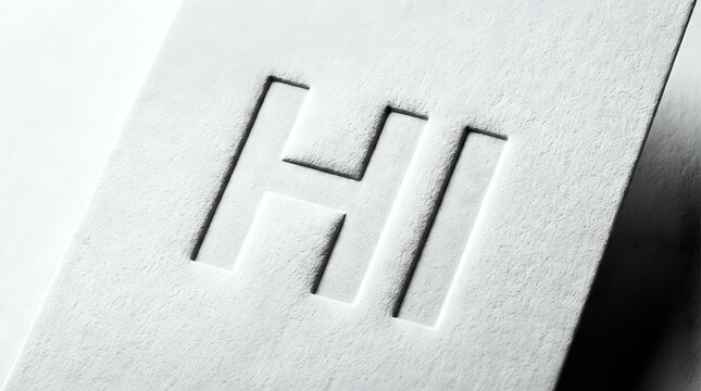 Embossed HTI letters on white textured paper surface with dramatic