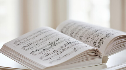 Fototapeta premium Open sheet music book displaying musical notation, clefs, and notes, representing composition, practice, performance, and the joy of creating music, copy space