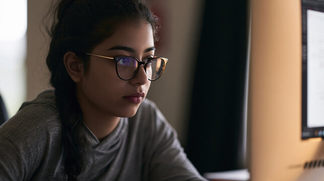 Young woman wearing glasses working intensely on computer screen, demonstrating concentration, focus, and dedication in her professional and digital tasks, copy space