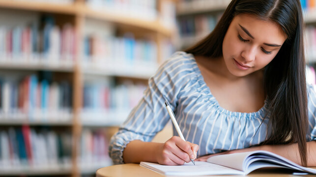 Young female student concentrating on studies, writing notes in a notebook at a library table, surrounded by blurred bookshelves, focusing on education and learning, copy space