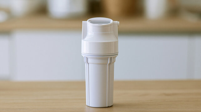 Water filter system on a wooden kitchen counter, providing clean and purified drinking water through advanced filtration technology for healthy living and home wellness, copy space