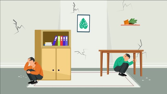 Unexpected earthquake moments. Unexpected moment concept. Full length Icon animation illustration. High quality&nbsp;4k&nbsp;footage