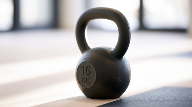 Black 16 kg kettlebell sitting on a gym floor, ready for a challenging workout, emphasizing fitness, strength training, and a healthy lifestyle, copy space