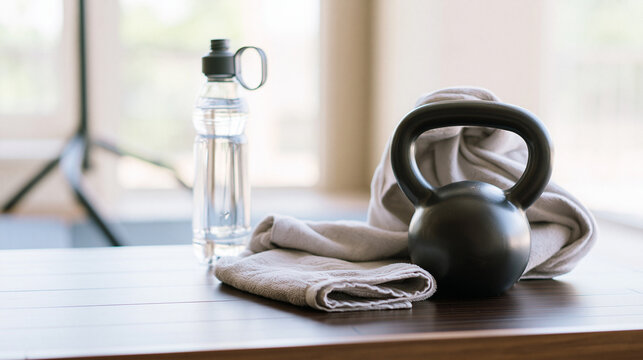Kettlebell, water bottle, and towels on a wooden surface, representing a home workout, fitness routine, and personal wellness journey for an active lifestyle, copy space