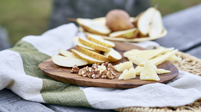 Delicious fresh pear slices, crunchy walnuts, and savory cheese pieces arranged on a rustic wooden board, creating a perfect appetizer or snack platter