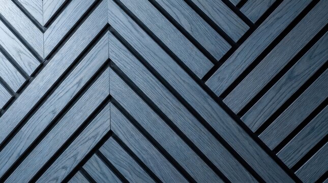 Dark gray wooden wall panels in herringbone pattern, modern chevron architectural texture background for contemporary interior and decorative designs