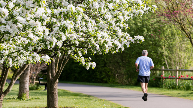 Senior man jogging on a paved path in a vibrant park during spring, staying active while exercising outdoors surrounded by blooming white flowers and lush green trees, copy space