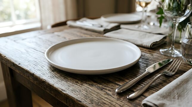 Minimalist table setting with empty white plate, fork, knife