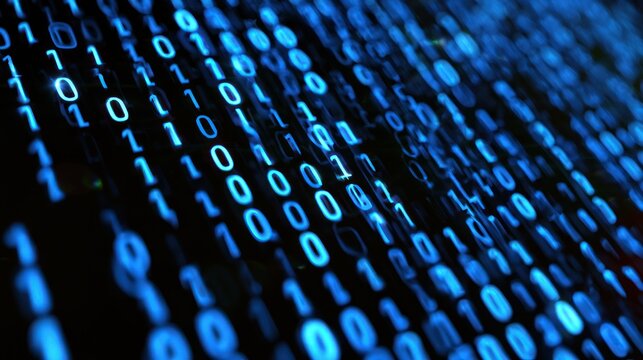 Abstract glowing blue binary code flowing on black background technology concept