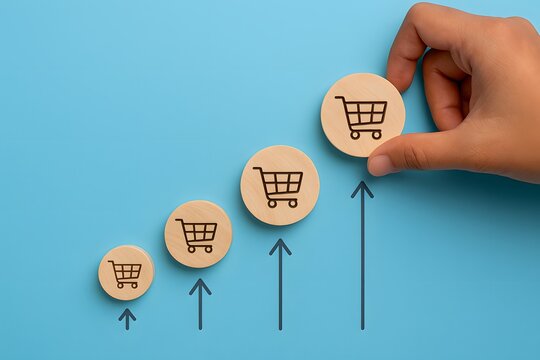 Hand places a large shopping cart icon on a rising arrow, representing increasing sales, successful e-commerce growth, and expanding market reach in retail.