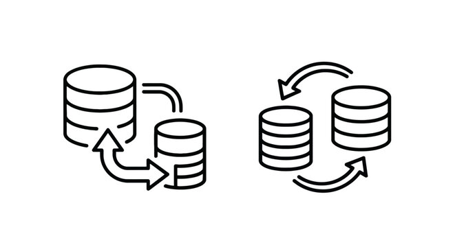 Database synchronization and data exchange icons with storage servers database transfer data migration server icon cloud storage data management