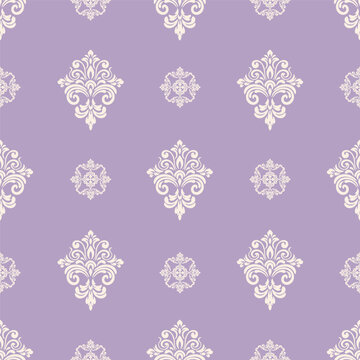 Vintage Lavender Damask Pattern With Cream Floral Ornament For Wallpaper Textile And Interior Design.