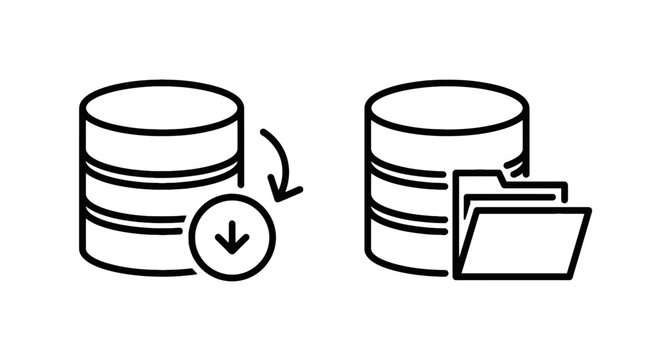 Black outline vector icon set depicting database server storage backup and folder management with data server rack file folder directory ico
