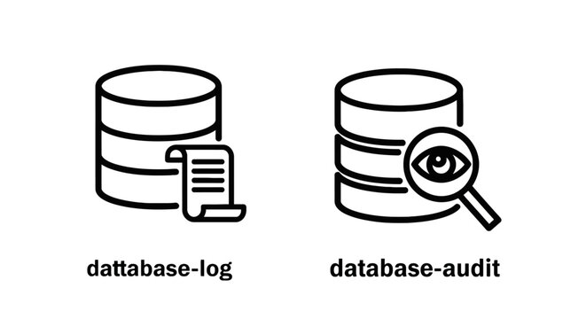 Database log and database audit icons featuring storage cylinders with document list and magnifying glass inspection storage cylinder data log