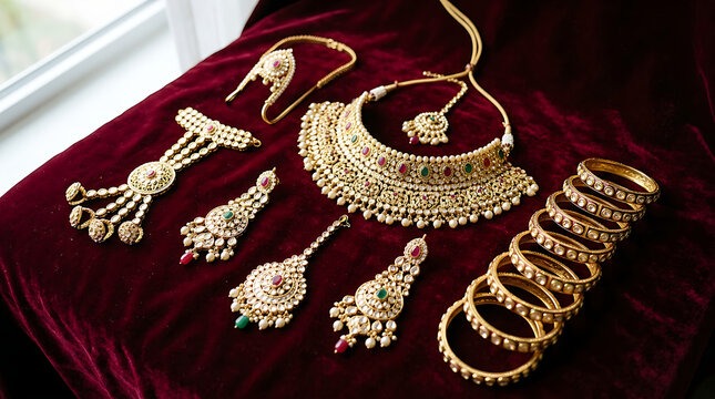 Traditional Gold Jewelry Set on Velvet Fabric.